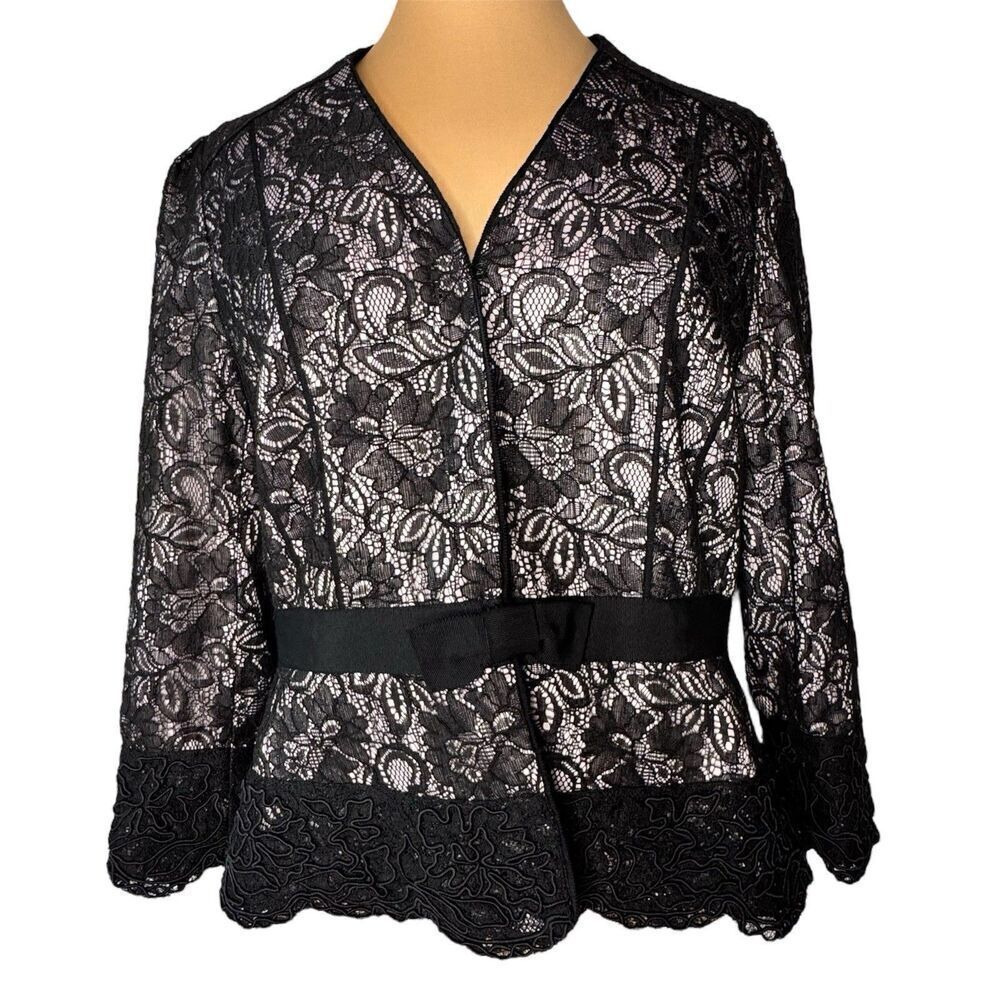 Tahari LUXE Sz 12 Jacket Arthur S. Levine Black Lace Lavender Lining Bow PRETTY